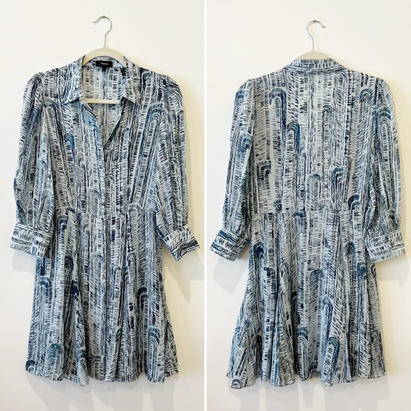 Theory 100% Silk Point-Collar Shirtdress Block Printed 3/4 Sleeves Mini Dress 4 - Picture 7 of 10